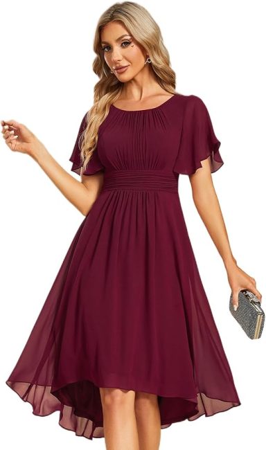 Ever-Pretty Women's Chiffon Crew Neck Pleated Waist Short Sleeve Knee-Length Wedding Guest Dress