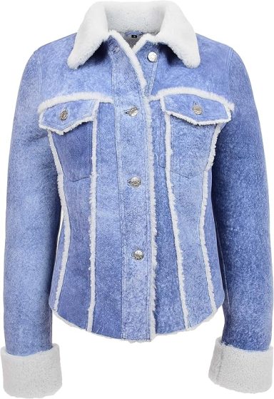 Womens Real Sheepskin Trucker Jacket Denim Blue Washed Genuine Shearling Jenna
