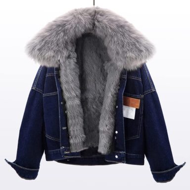 Women'S Denim Jacket - Blue Short Hooded Thermal Casual Coat