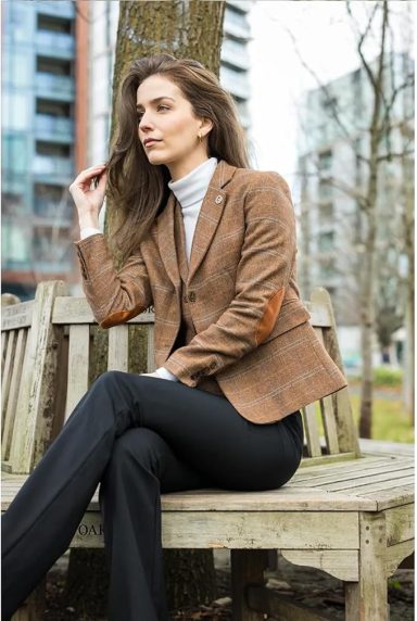 TruClothing Women's Oak Brown Wool Blend Tweed Herringbone Checkered Blazer Waistcoat