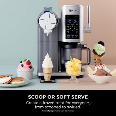 A dessert maker with ice cream, sorbet, and toppings displayed beside it.